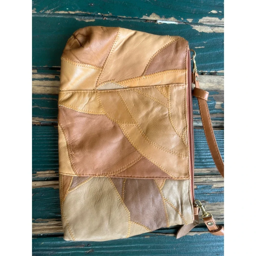 Vintage Leather Patchwork Crossbody Bag Tan Brown Multi Tone Boho Zip Shoulder